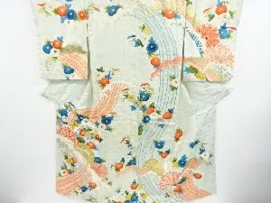 アンティーク　金彩荒波に菊模様刺繍着物(重ね衿付き)